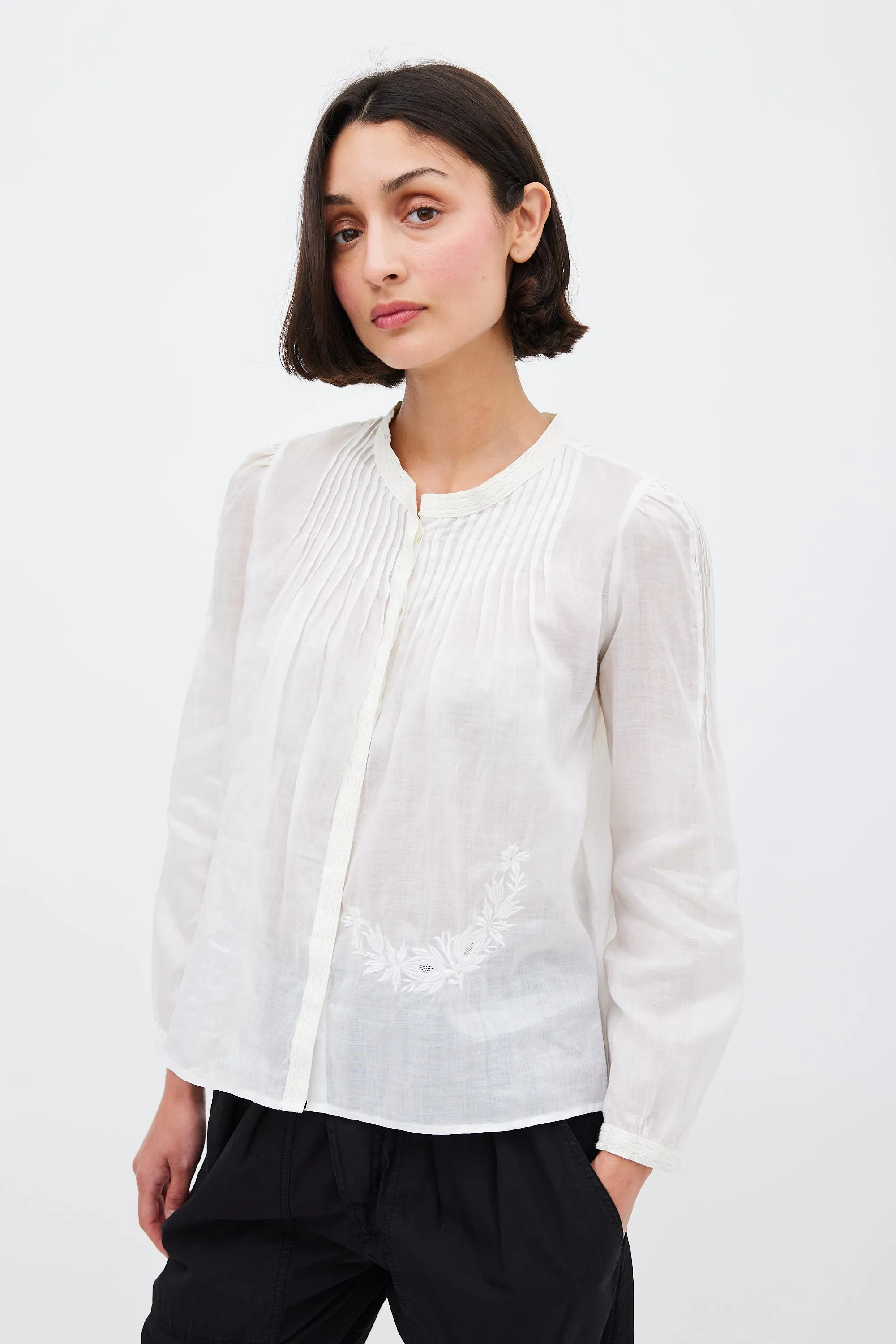 White Ramie Pleated & Embroidered Top