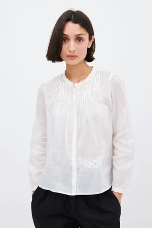 White Ramie Pleated & Embroidered Top