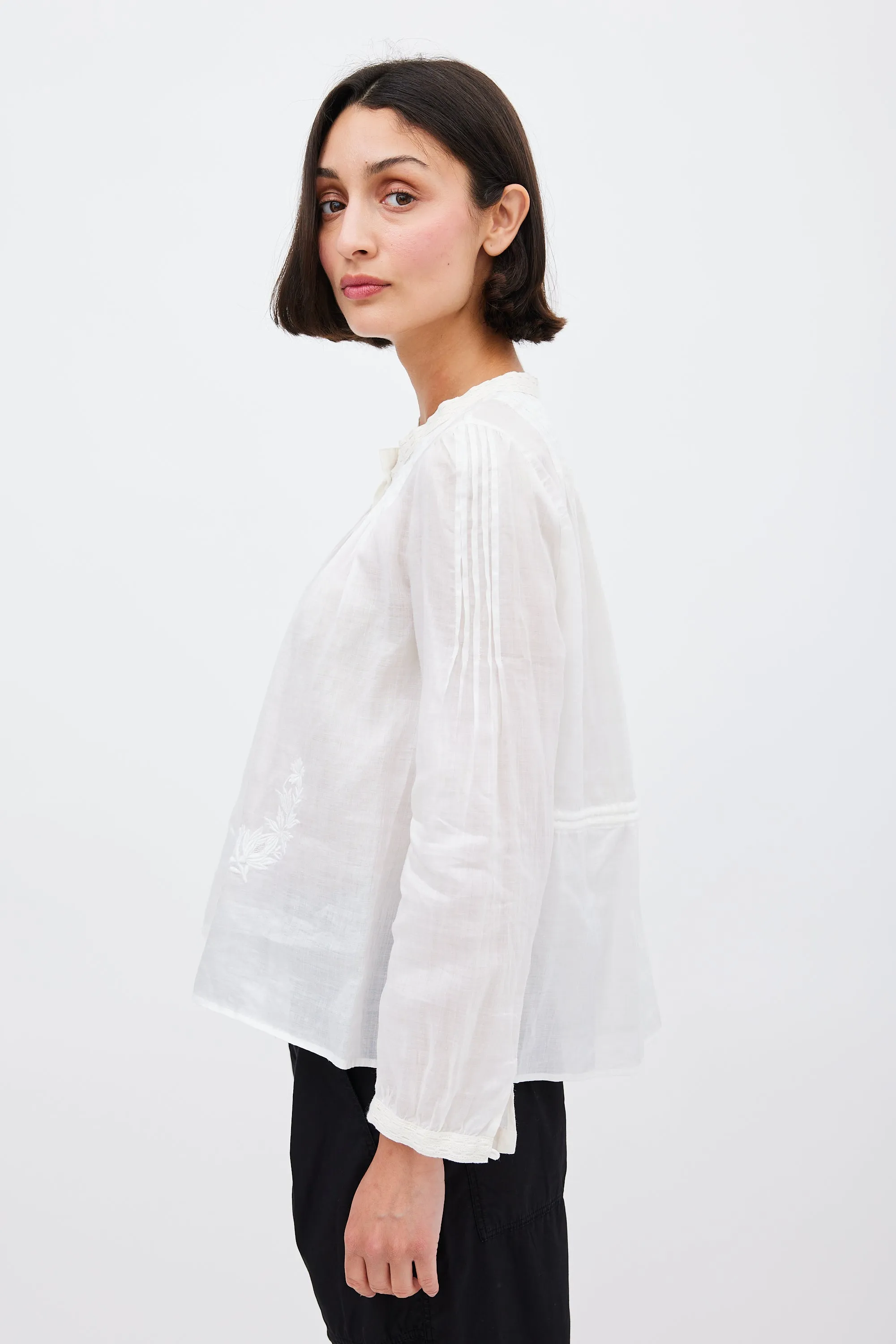 White Ramie Pleated & Embroidered Top