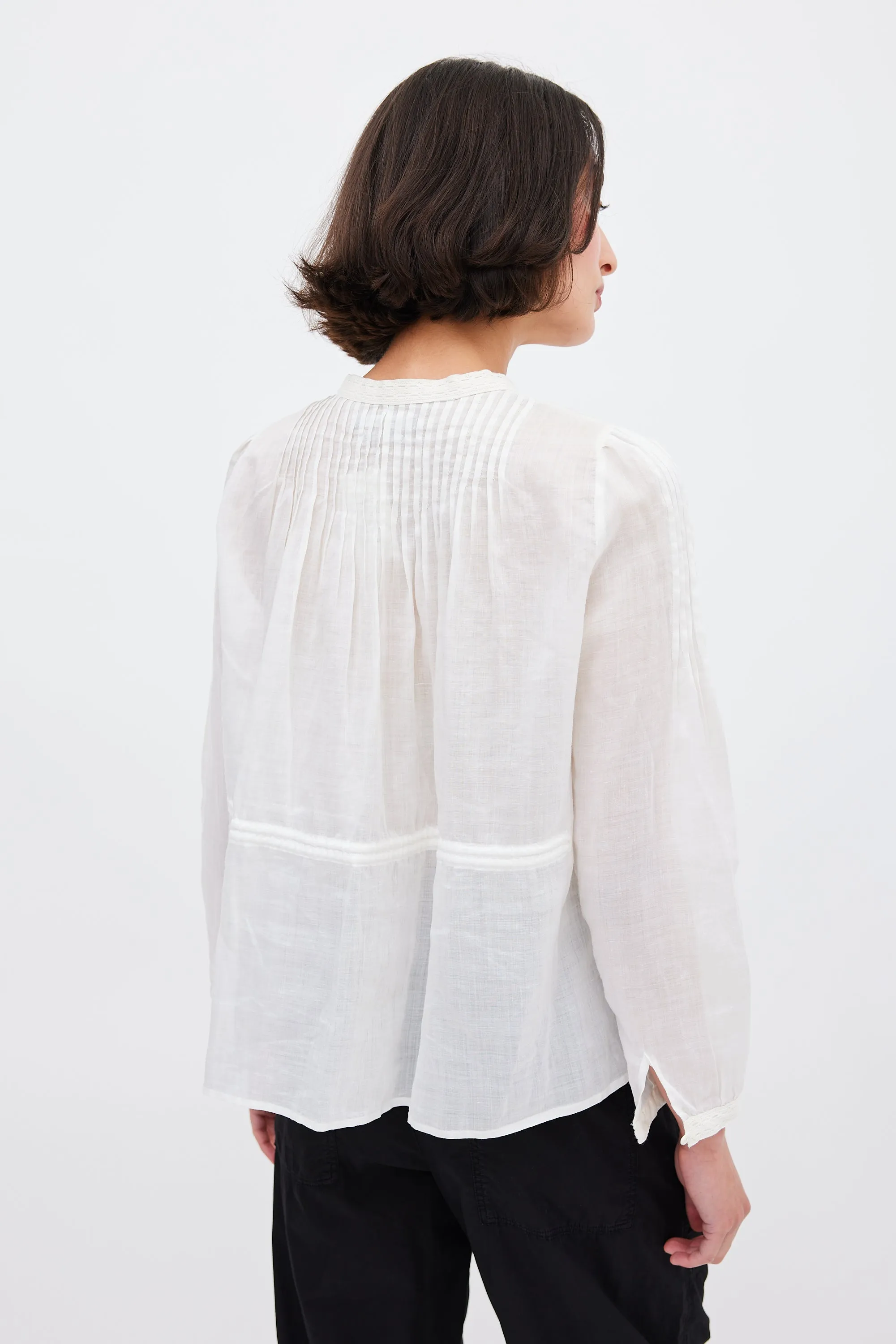 White Ramie Pleated & Embroidered Top