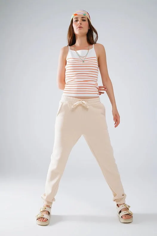 White Top with Orange Stripes and Thin Straps