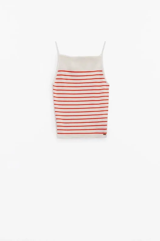 White Top with Orange Stripes and Thin Straps