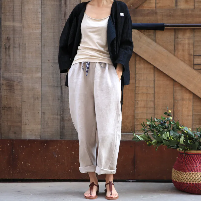 White Women Casual Linen Wide Leg Pants Z98409