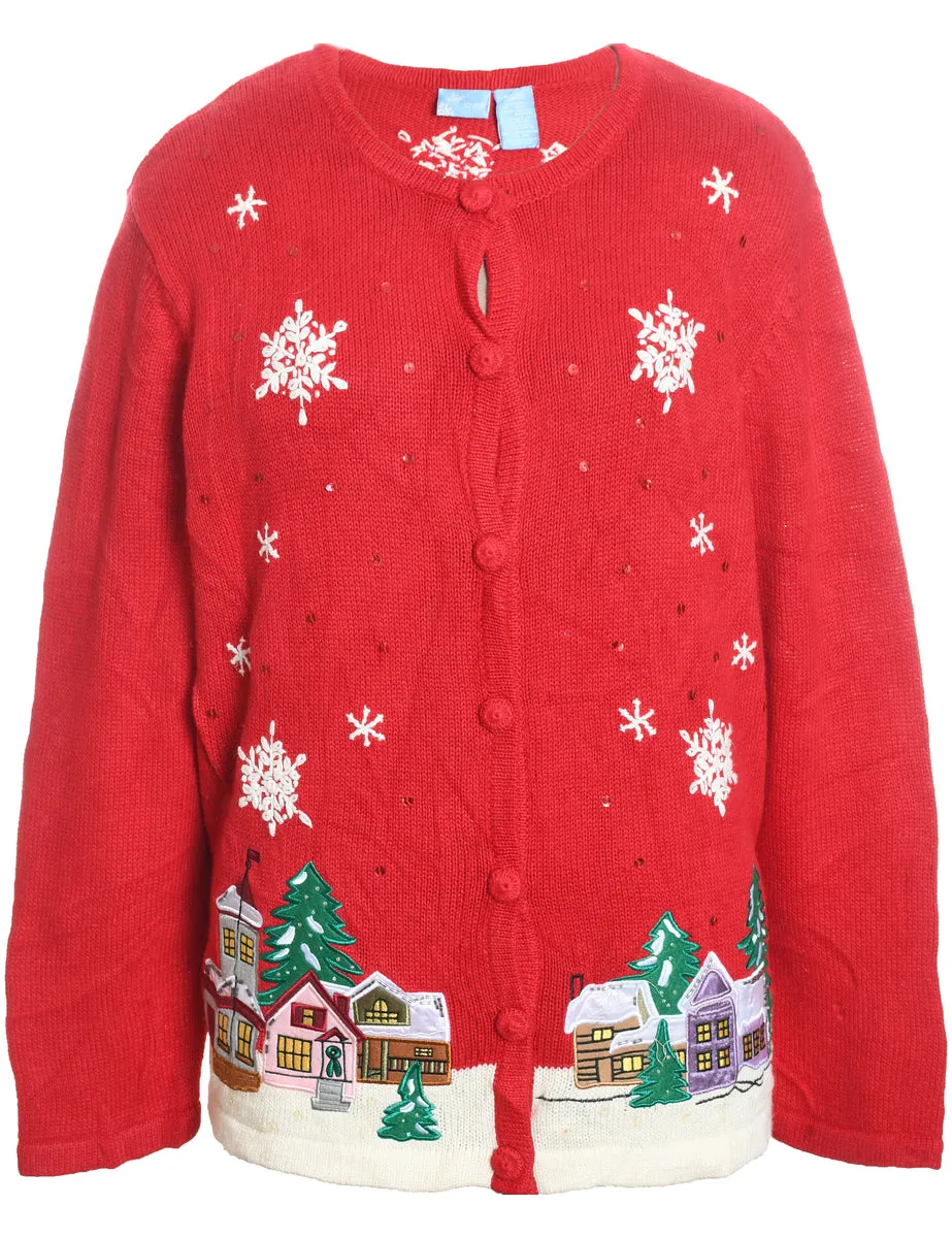 Winter Scene Design Knit Red Christmas Cardigan - M