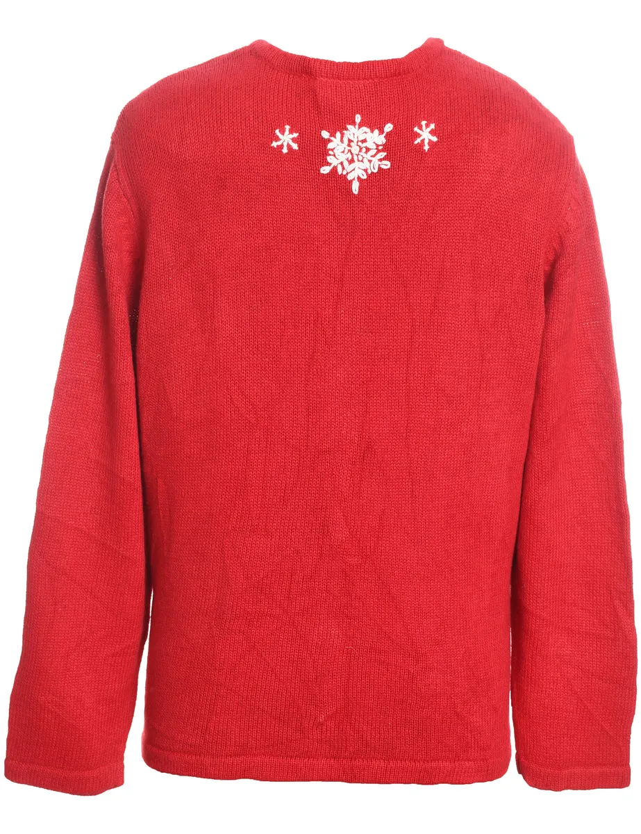 Winter Scene Design Knit Red Christmas Cardigan - M