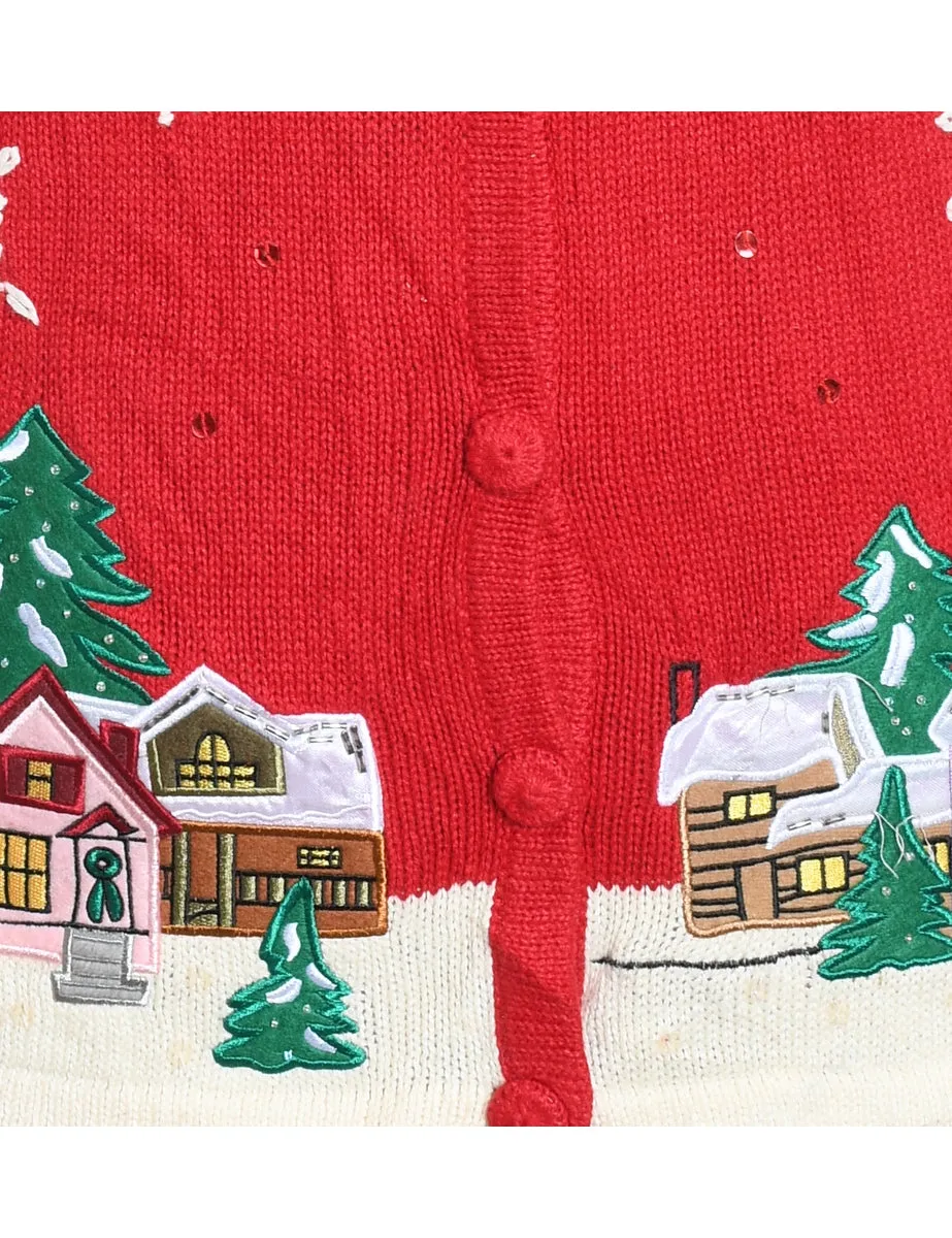 Winter Scene Design Knit Red Christmas Cardigan - M