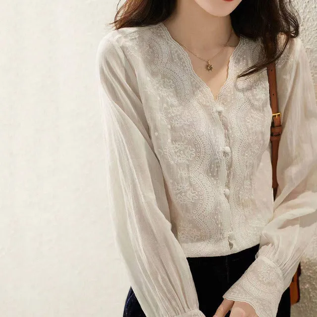 Wjczt French Embroidery Flower Lace Shirt Women&#39;s V Neck Sweet Long Sleeve Linen Blouse Women Autumn Loose Elegant Sunscreen Top 16108