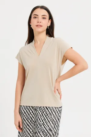 Women Beige Drop Shoulder Knit Top