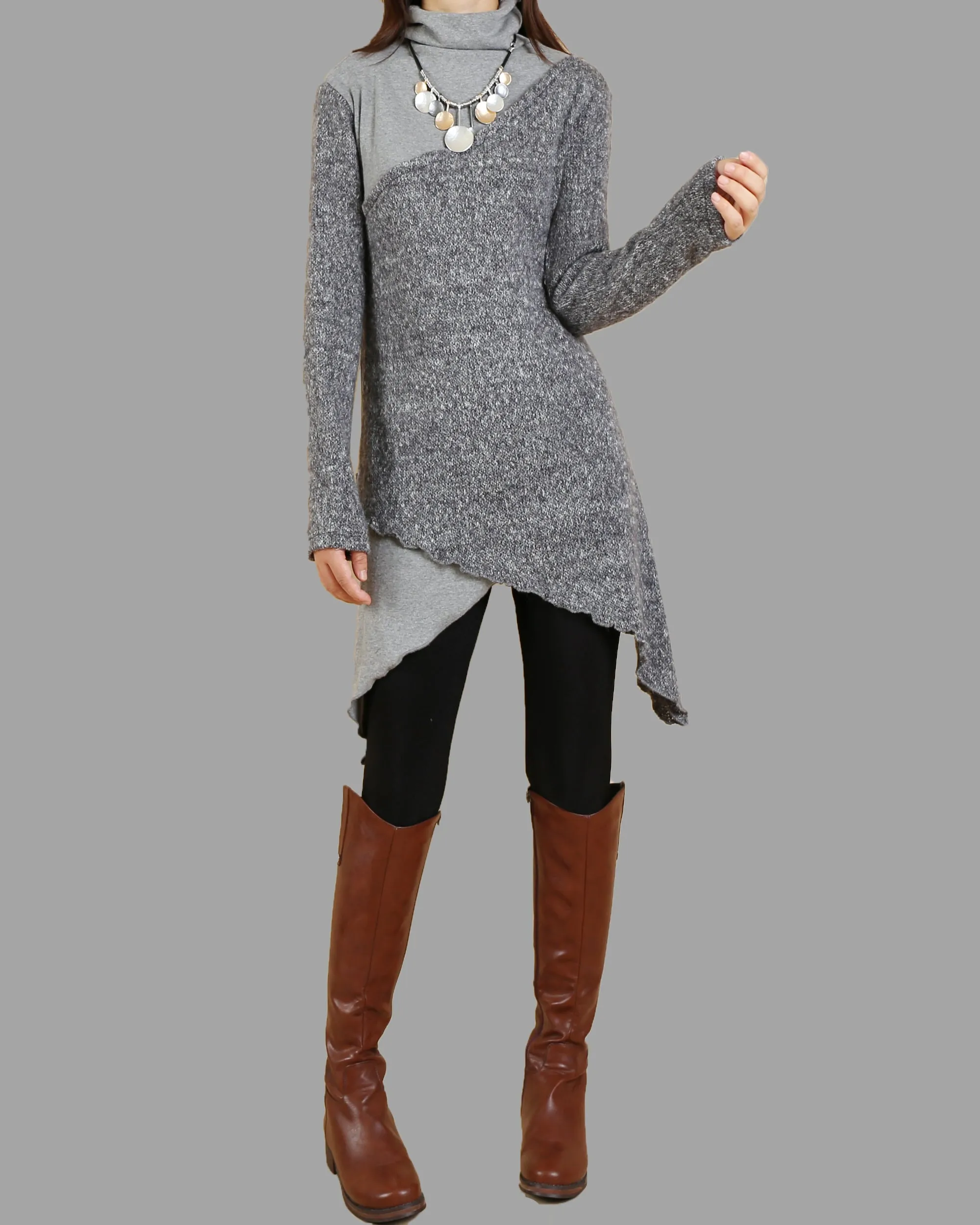 Women's pullover sweater/asymmetrical woolen black tunic dress/oversized casual customized plus size tunic top/maternity dress(Y1999S)