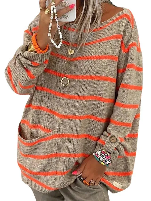 Women's Solid Color Contrast Striped Pullover Round Sweaters