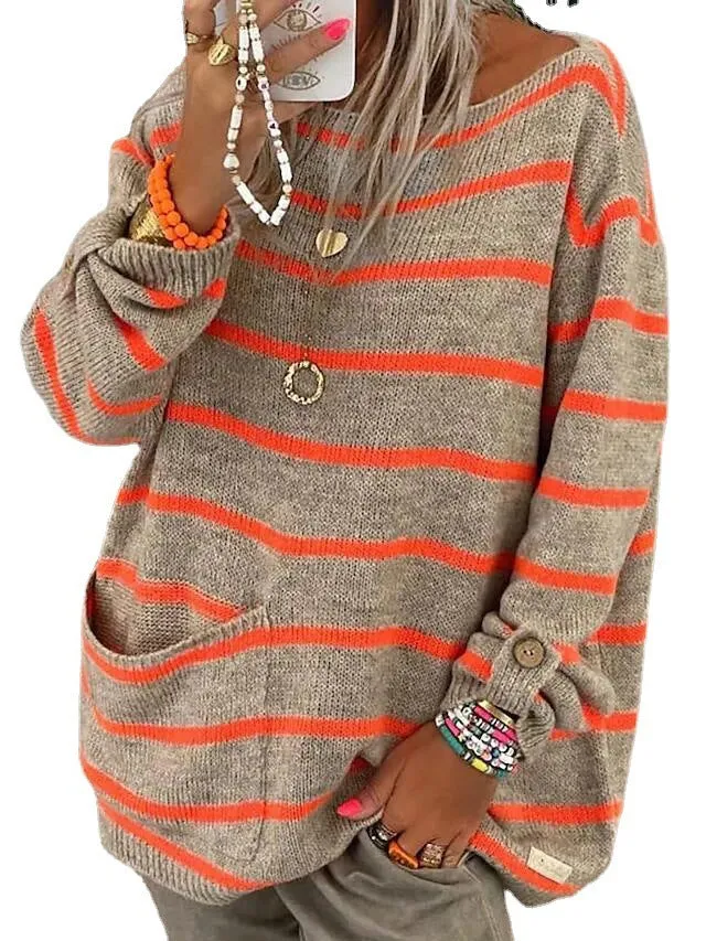 Women's Solid Color Contrast Striped Pullover Round Sweaters