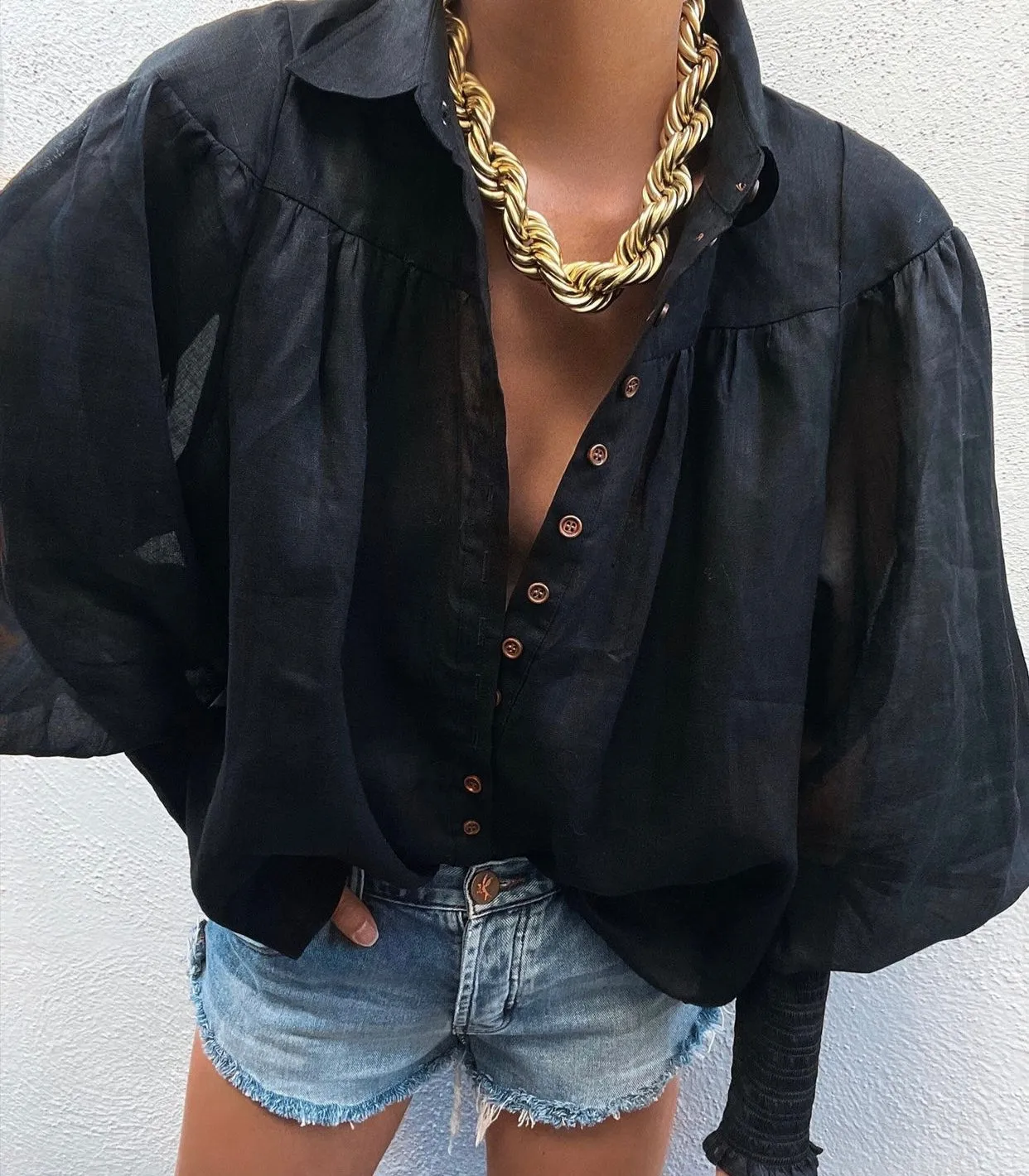 Wrangler shirred blouse in black and unbleached