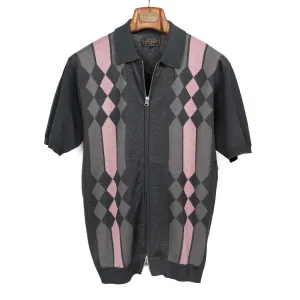 Zip knit polo in retro pink and black jacquard ramie and cotton