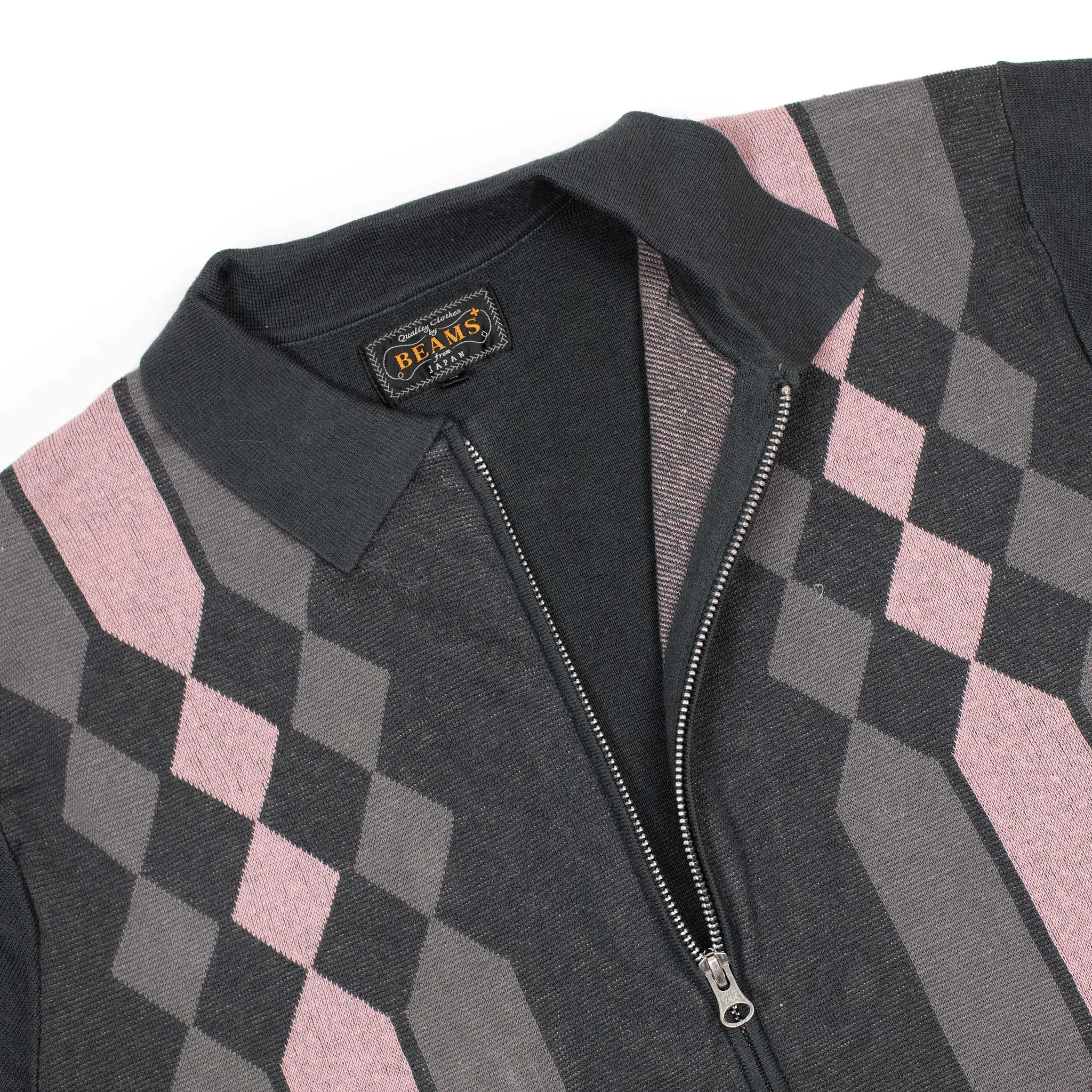 Zip knit polo in retro pink and black jacquard ramie and cotton