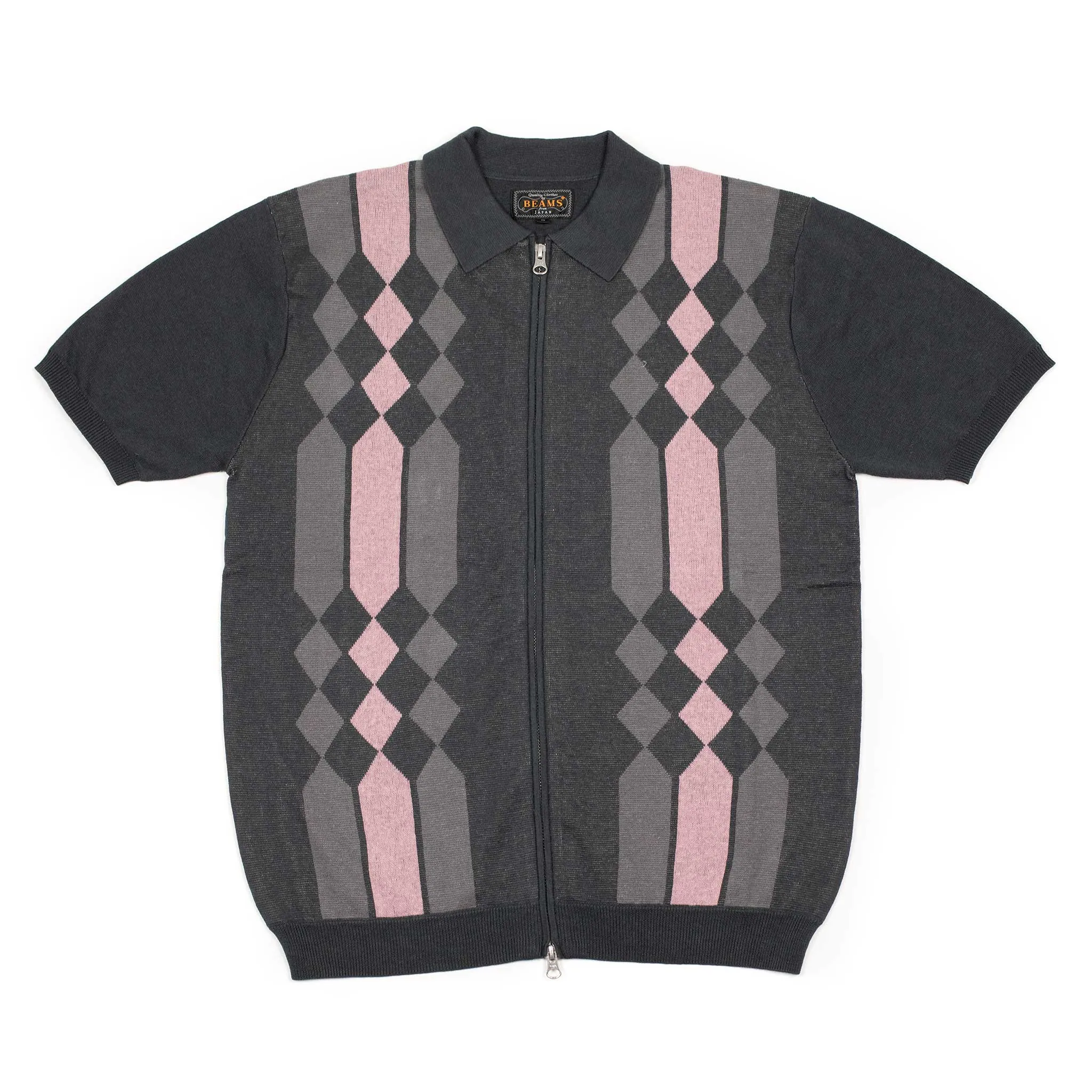 Zip knit polo in retro pink and black jacquard ramie and cotton